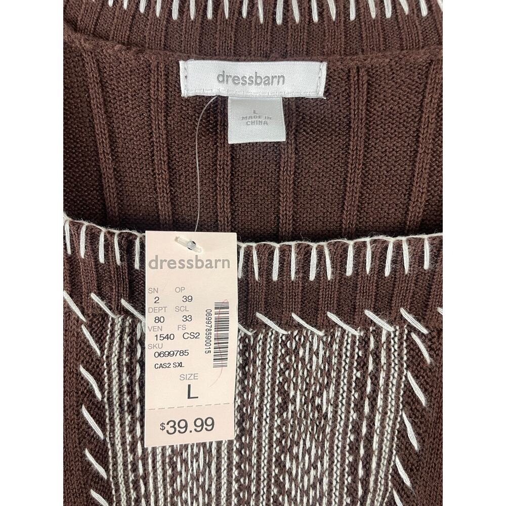 NWT Dressbarn 100% Cotton Brown Boho Knit Sweater Top Size L Stitching - Picture 2 of 8